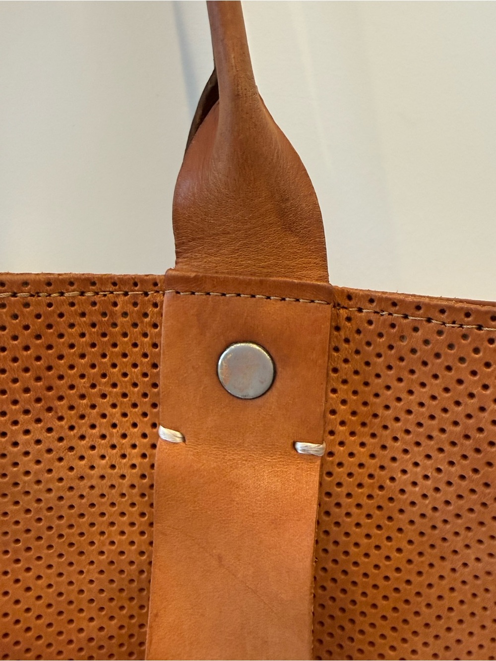 Clare V. La Tropezienne Perforated Leather Tote | Cognac Brown | Made in USA - Picture 6 of 16